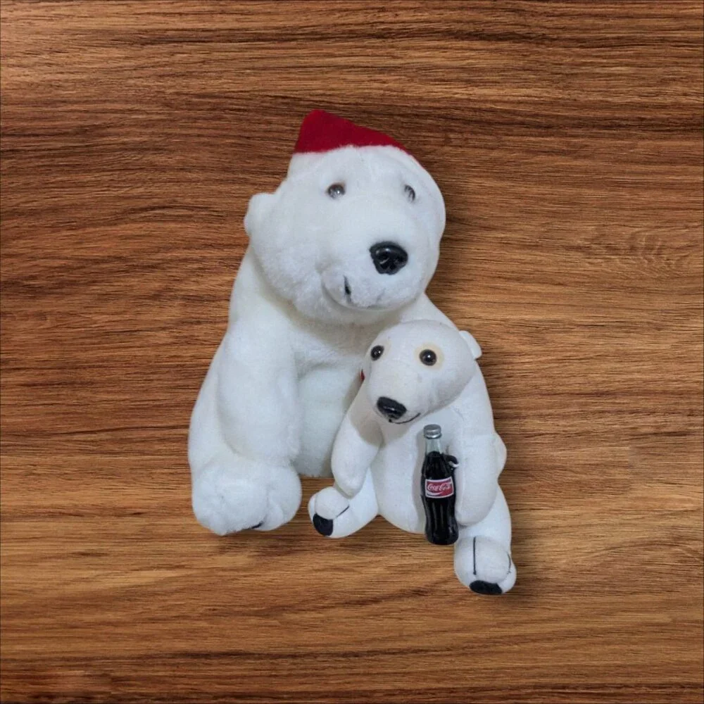Coca-Cola Polar Bear Plush Set With Santa Hat & Bottle‎ Collectible 1993 Vintage